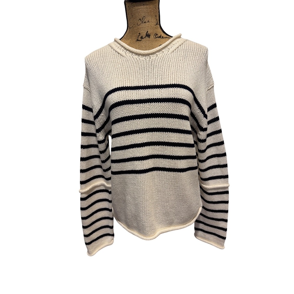 Banana Republic Cotton Roll-Neck Sweater Cream Navy Blue Stripe Womens S $140 - Picture 6 of 11
